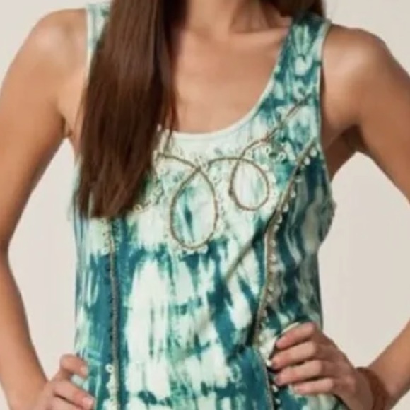 Free People Tops - Free People Everything Zen Teal Tie Dye Beaded Tank Top Sz S